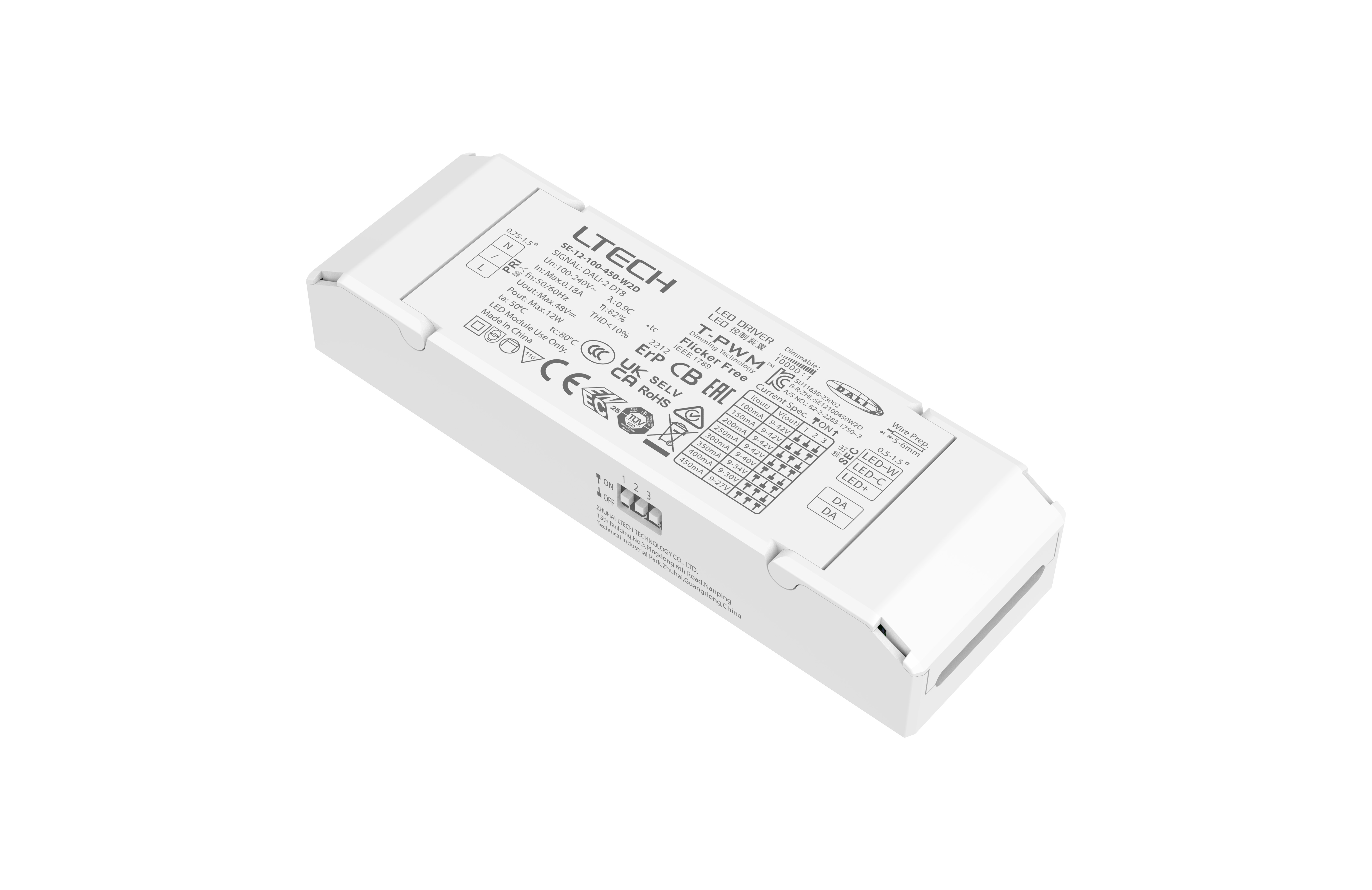 SE-12-100-450-W2D  Intelligent LED Driver, DALI  0-100% Dim, PWM Digital Dim,DALI DT6 Tuneable , CC 12W 100-450mA 9-42Vdc  Out put Range.0.9-12W , IP20, 5yrs Wrnty.